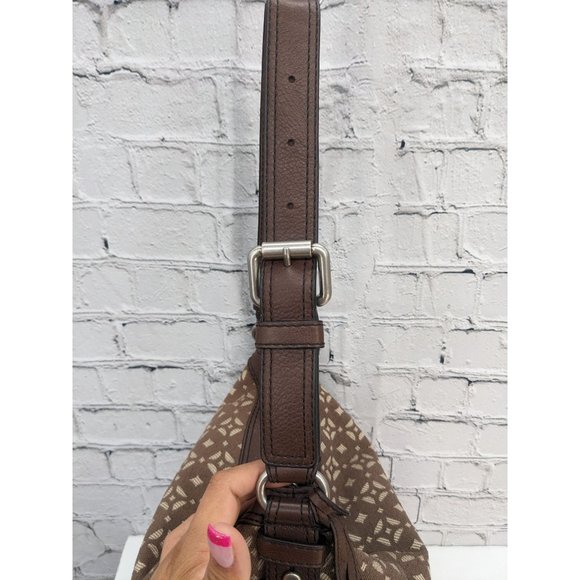 Fossil Maddox Jacquard Brown Geometric Pattern Leather Bucket Bag - Picture 14 of 16